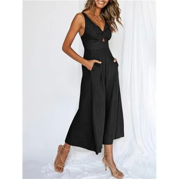 Women's Summer Wide Leg Linen Jumpsuit V Neck Sleeveless Casual Pants Romper